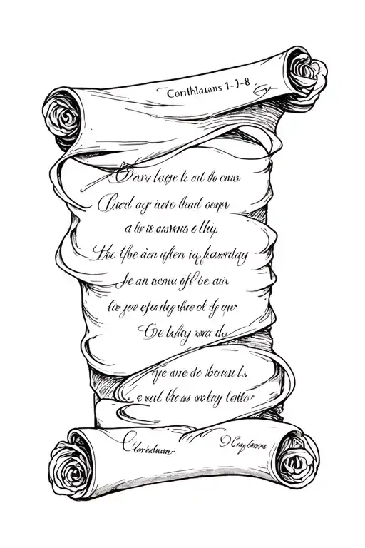 verse corinthians 13 4-8 in a scroll wrapped tattoo design idea