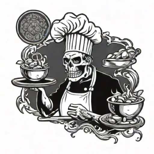skull faced chef cooking tattoo design idea