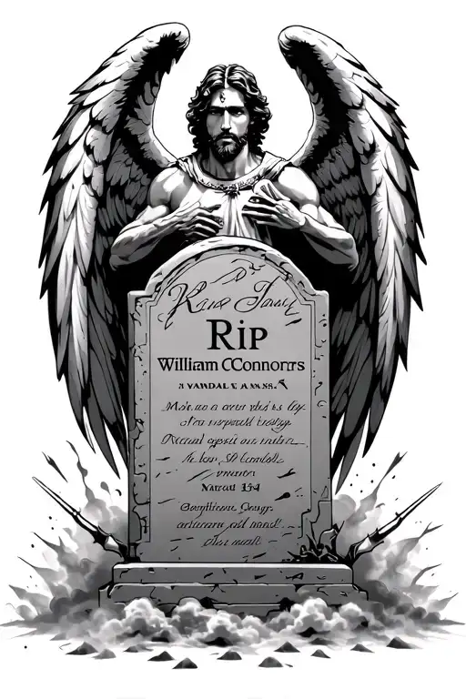 "Rip William Connors aka vandal" arch angel Michael nealing behind tombstone with wings spread out with claws dug into the tombstone cloud and fog  tattoo design idea