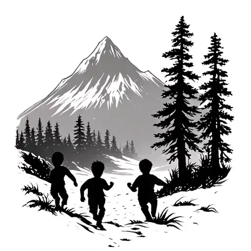 silhouette of little boys moving forward in the forest beach mountain tattoo design idea