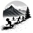 silhouette of little boys moving forward in the forest beach mountain tattoo design idea