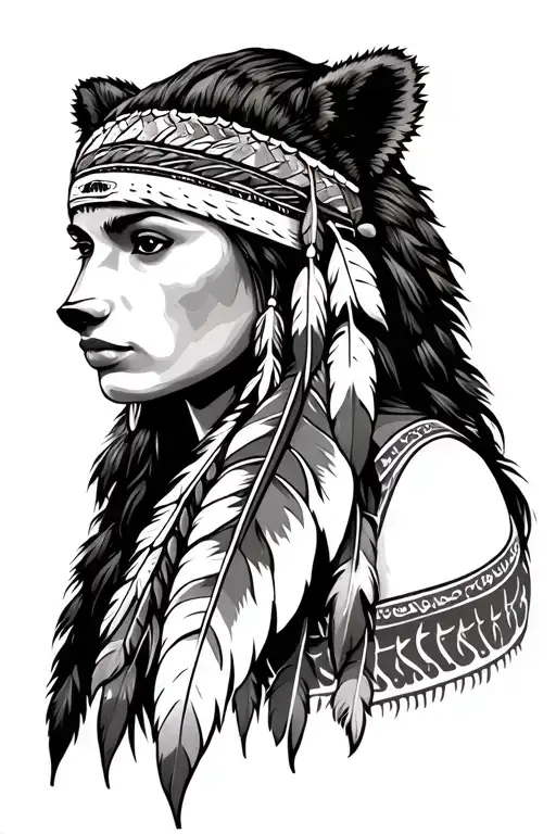 native american woman feather with bear head tattoo design idea
