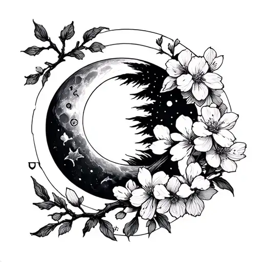 postage stamp including the sun moon and cherry blossoms. fine lines aesthetically pleasing tattoo design idea