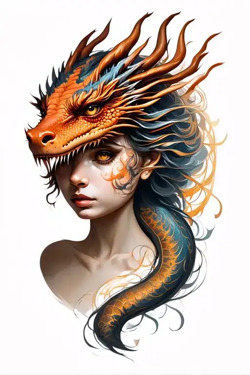 lady face and dragon tattoo design idea