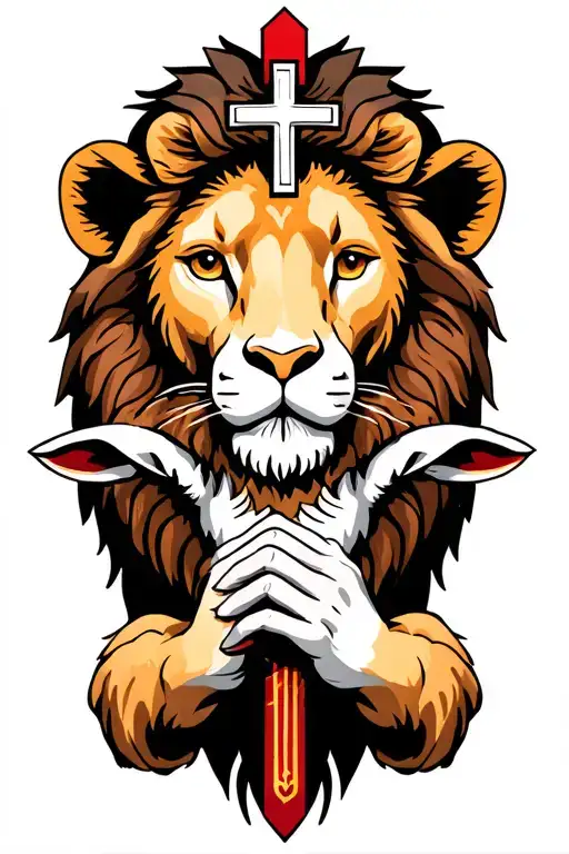 lion the lamb with crosses and the hand of Jesus Christ tattoo design idea