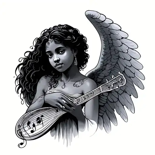 African American angel holding music notes tattoo design idea