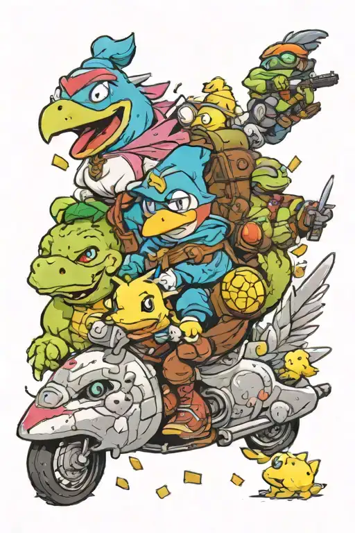 moogle riding a chocobo, link, ninja turtles eating pizza , cartman, video games, popcorn tattoo design idea