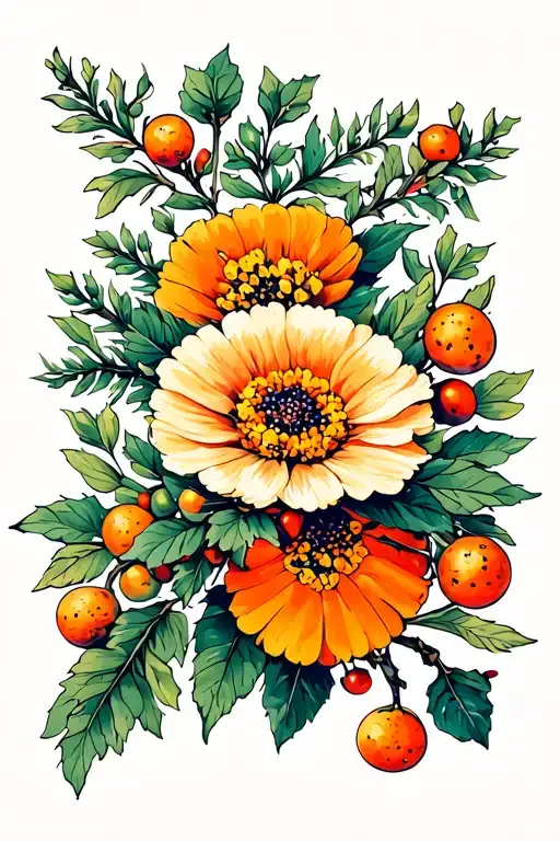 marigold flower, juniper branch with berries, clementine branch with blossoms and fruit tattoo design idea
