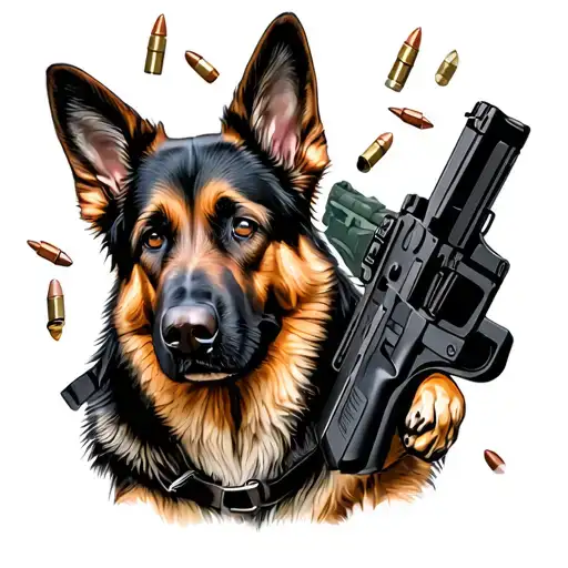 German shepherd in a shooting stance, surrounded by bullet casings and police equipment tattoo design idea