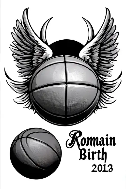 a basketball with Romain numeral birth date, a name in cursive and with wings  tattoo design idea