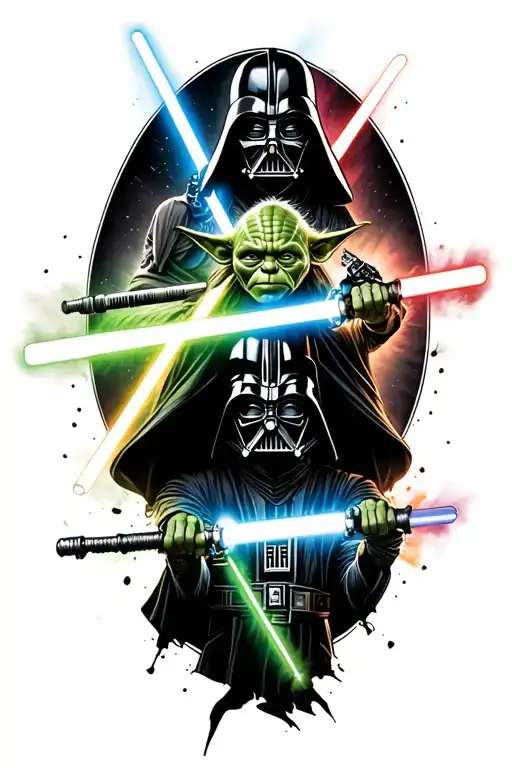 A unique design featuring all four favorite lightsabers (Darth Vader, Luke Skywalker, Mace Windu, Yoda) intertwined in a dynamic composition tattoo design idea