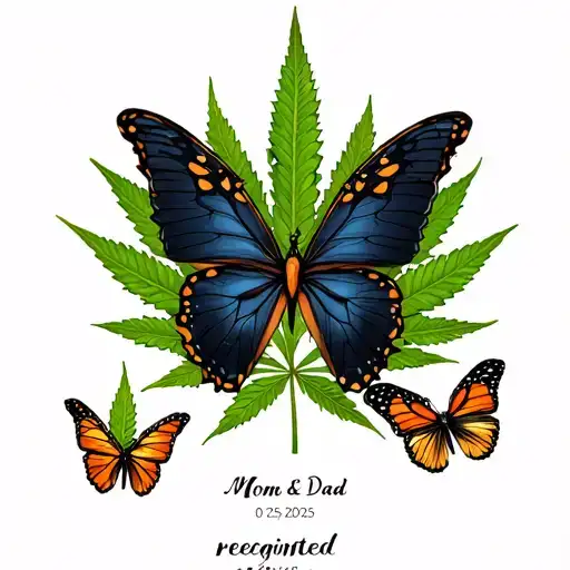 "Mom & Dad rejoined 01/25/2025" a memorial tattoo incorporating a cannabis leaf,  two pairs of butterflies incorporate mom and dad and a skull  tattoo design idea