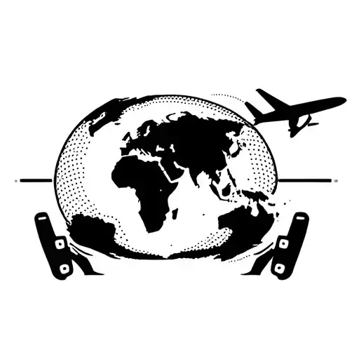A dainty world with the continent of Africa dotted lines leading to a plane and a piece of luggage, no shading tattoo design idea