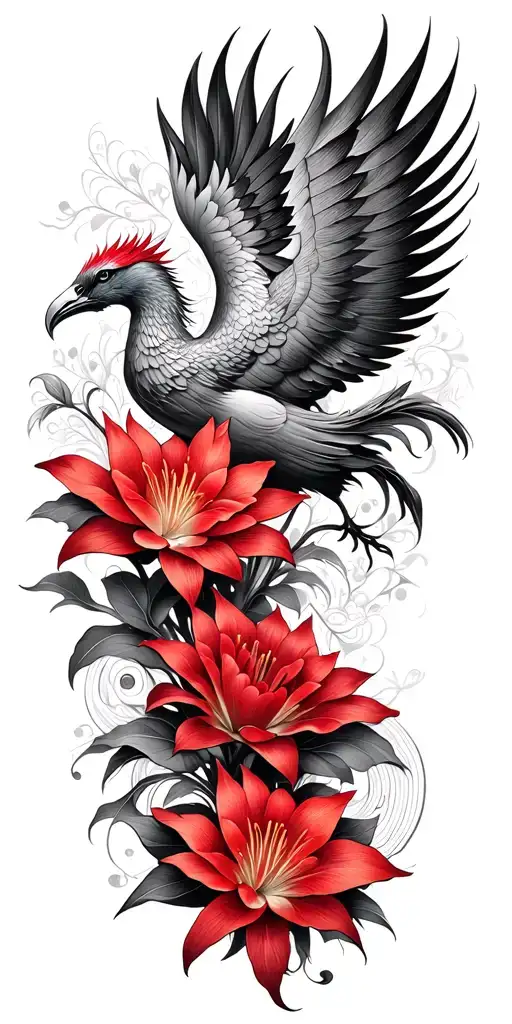 multiple fine line lotus and red Lilly flowers and phoenix intertwined  tattoo design idea