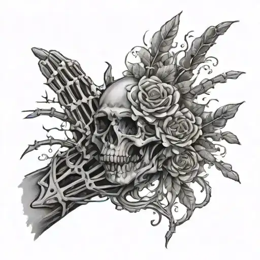 full sleeve city flower under skeleton hand holding tattoo design idea