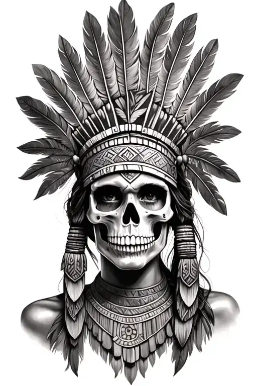 aztec warrior girl skeletal face with an Aztec-inspired headdress, blending death and warrior symbolism feathers tattoo design idea