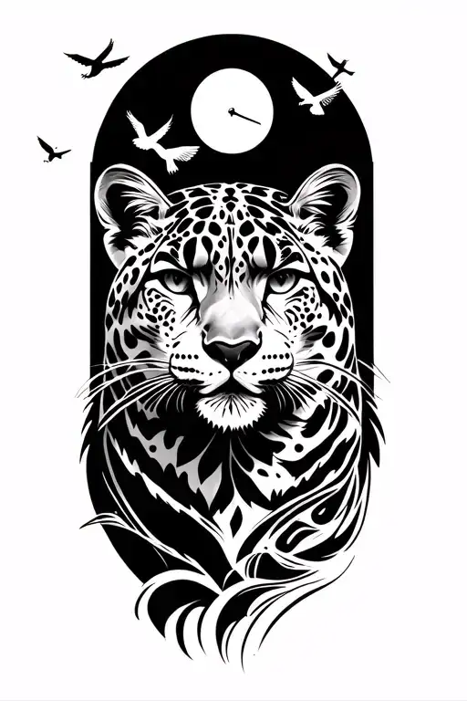 I want a snow leopard on the peak of a mountain and doves flying above and add a small time clock in there somewhere  tattoo design idea