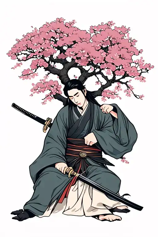 sleeping ronin with katana under a large pink cherry blossom tree tattoo design idea