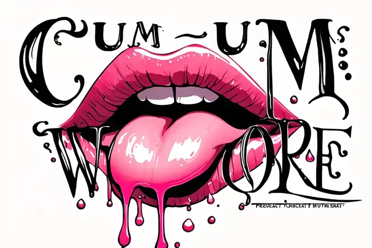 "Cum Whore" lips and tongue dripping milk tattoo design idea