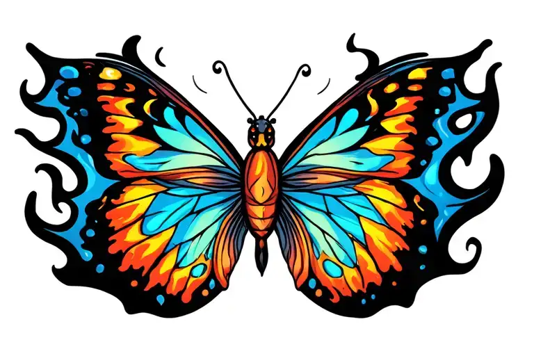 semicolon butterfly with flames for the wings sitting tattoo design idea