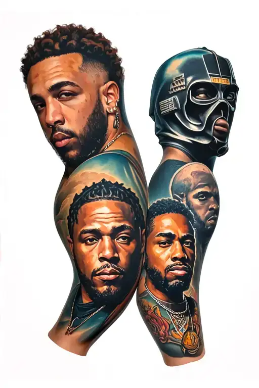 a tattoo in the shape of an arm sleeve featuring portoraits of Mac Miller, Kendrick Lamar, MF DOOM, and Young Thug  tattoo design idea