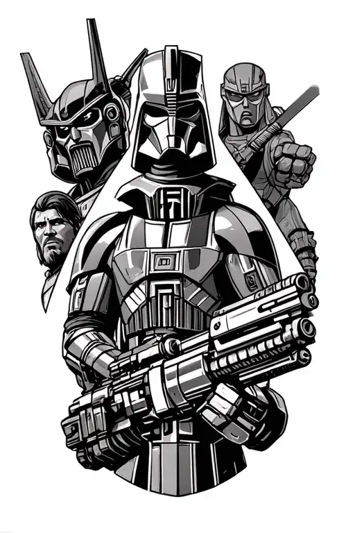 arm tattoo with collage of Star Wars, Transformers, GI Joe, Goonies, ATeam, HeMan, ThunderCats, Scarface, Rocky, Matrix, tattoo design idea