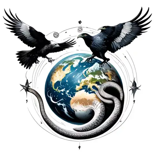 An eagle and a raven surrounding the planet Earth. And a snake in the center tattoo design idea