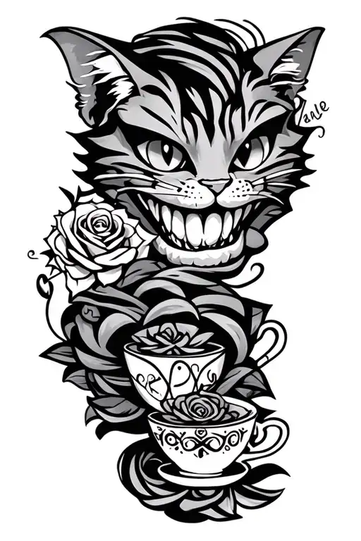 "We are all a little mad" twisted evil cheshire cat with extreme smile, teacup, rose. and moon intertwined  tattoo design idea