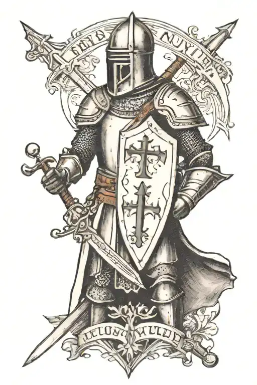 a Knight templar with script "deus vult" tattoo design idea
