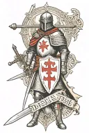 a Knight templar with script "deus vult" tattoo design idea