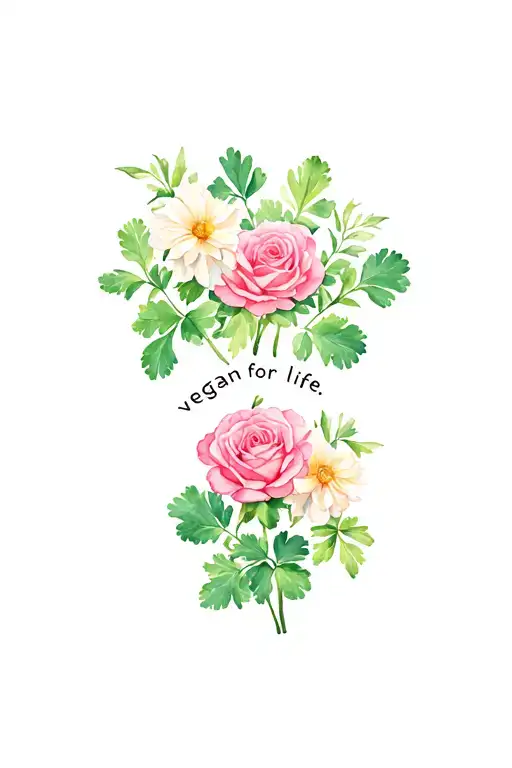 "vegan for life" jasmine, rose, and cilantro plant tattoo design idea