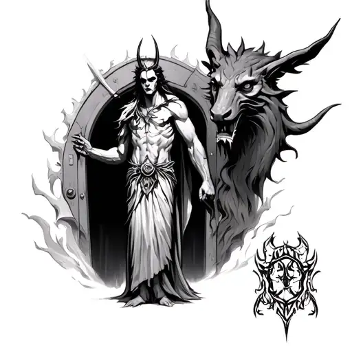 Hades at the doors of the underworld with Cerbero in the background tattoo design idea