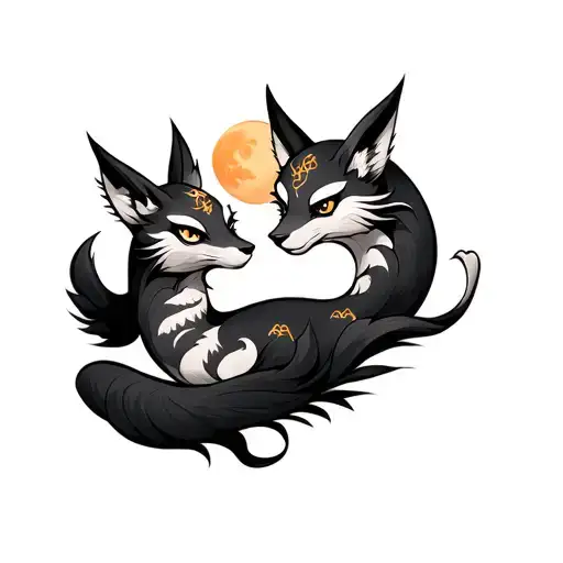 two Japanese katsune with a moon and sun and moon tattoo design idea