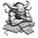 A demon embracing a stack of money symbolizing the hustle and hard work of Toby4 tattoo design idea