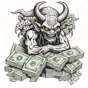 A demon embracing a stack of money symbolizing the hustle and hard work of Toby4 tattoo design idea
