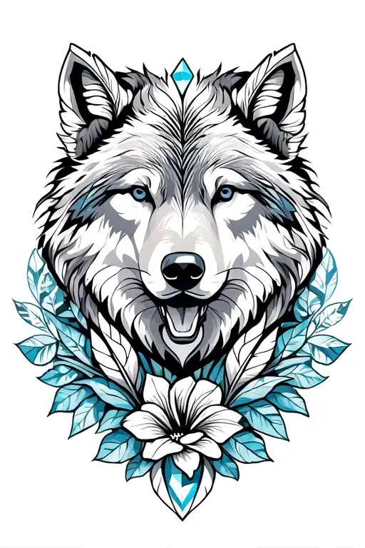 Wolf, bear, diamonds, feathers and hibiscus flowers tattoo design idea