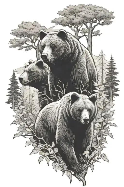 bears in forest scene tattoo design idea