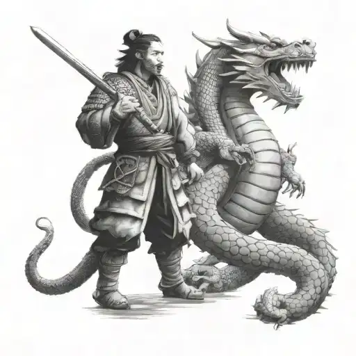 A samurai warrior facing off against a dragon in a traditional Japanese temple garden tattoo design idea