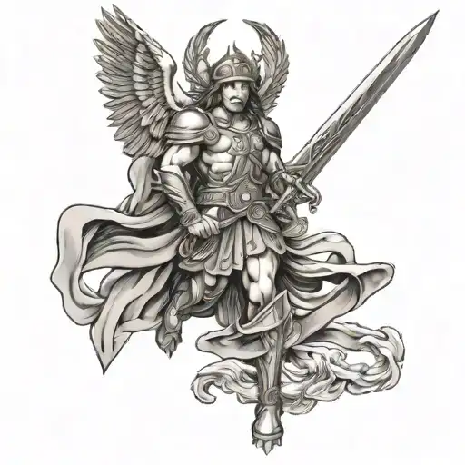 sT MIchael with large sword intertwined tattoo design idea