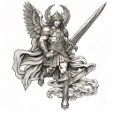 sT MIchael with large sword intertwined tattoo design idea