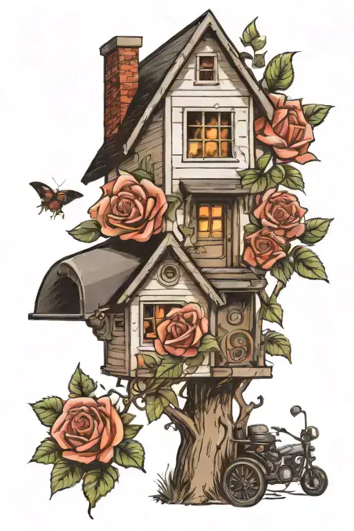 rose, calls lily, sidewalk with porch and trees at end. mailbox at front with Harley in front tattoo design idea