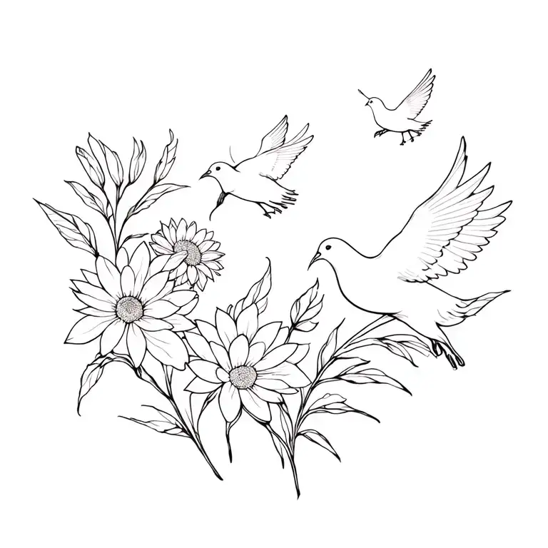 Chrysanthemum and Narcissus flowers with 3 doves  tattoo design idea