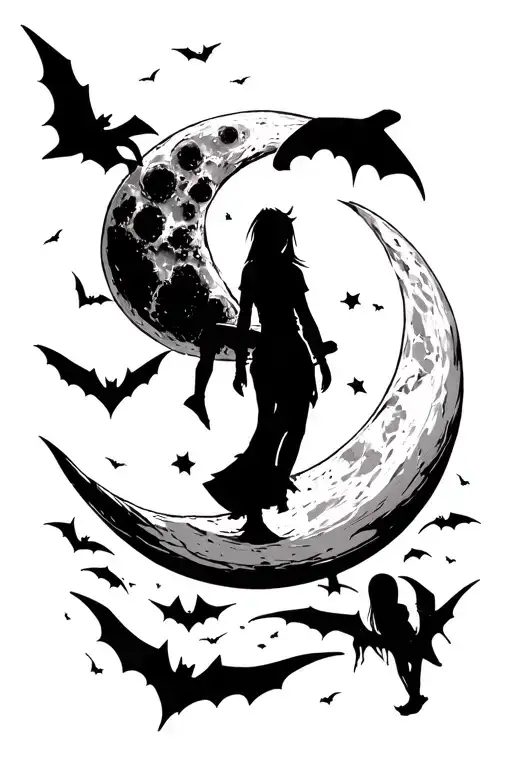 moon with the silhouette of itatchi from Naruto sorounded by bats flying up David and Lucy from cyberpunk on top of moon tattoo design idea