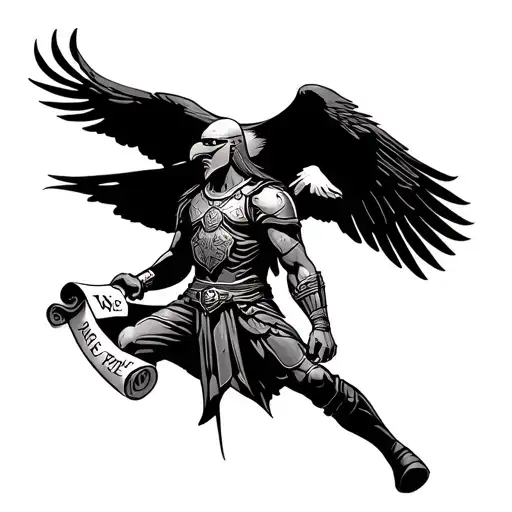 A futuristic interpretation of a Spartan warrior holding a scroll with the words 'We the people', with a bald eagle soaring overhead tattoo design idea