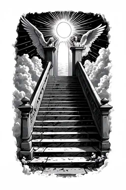 stairway to heaven walking up stairs angels sun rays clouds heaven gate at the top of the stairs  tattoo design idea