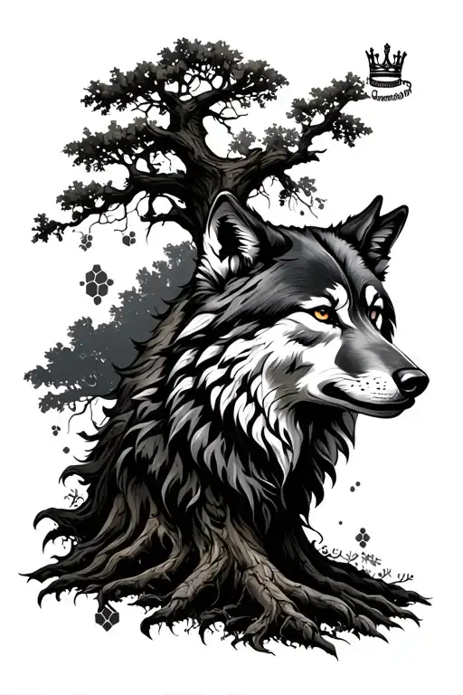 Black and white. A strong oak tree, a wolf, and a crown all connected through a honeycomb pattern tattoo design idea