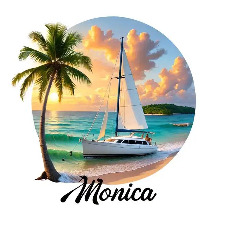 "Monica" "Monica" "Monica" white catamaran sailing, sunrise, small island palm, ocean beach outside of circle at bottom tattoo design idea