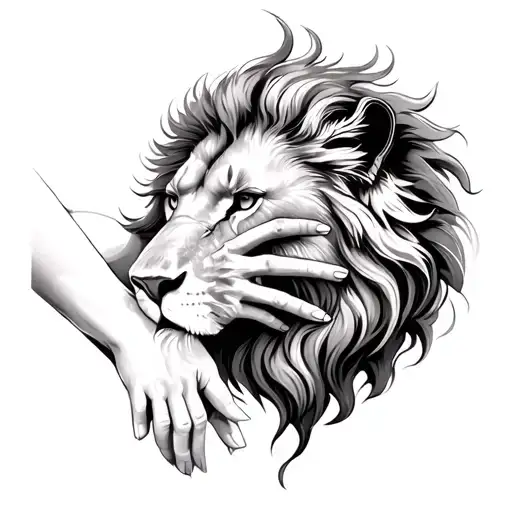 Zodiac sign Lion and overlapping virgin, which intertwine, hands in the center that tighten, all in black and white tattoo design idea