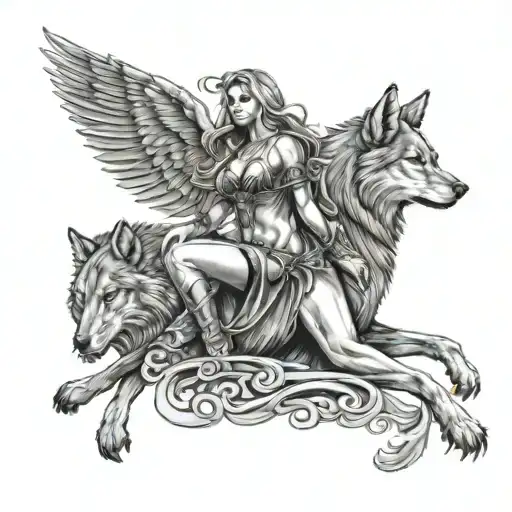 An artistic representation of Carmen Electra embodying the spirit of a Valkyrie, with a wolf symbolizing loyalty and strength tattoo design idea