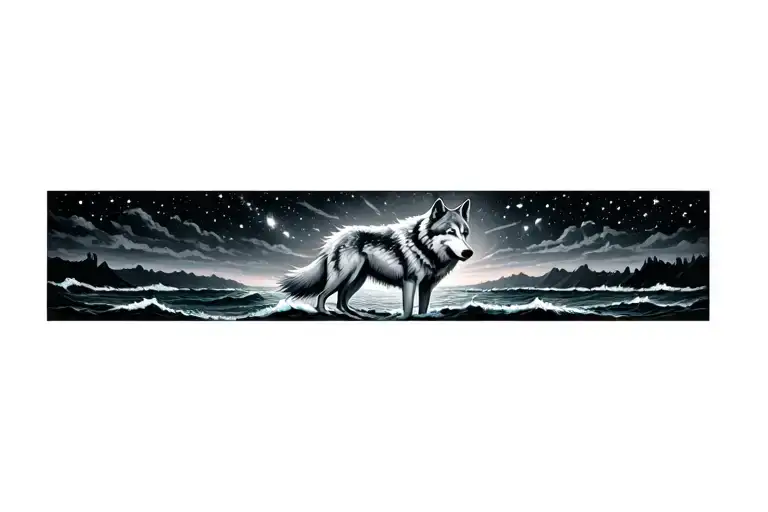 wolf with sky filled with stars and ocean tattoo design idea